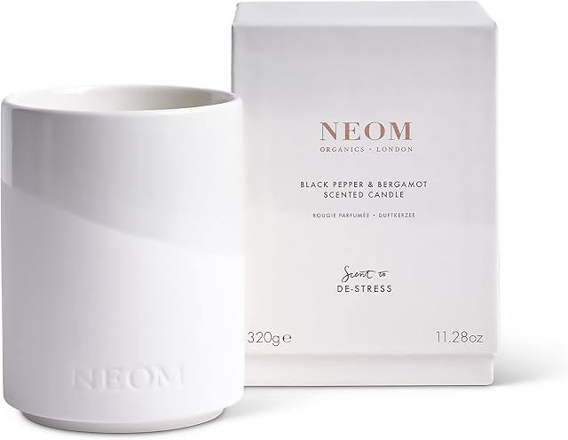 NEOM- Black Pepper & Bergamot Luxury Scented Ceramic Candle, 320g | Scent to De-Stress | 2 Wick Essential Oil Candle
