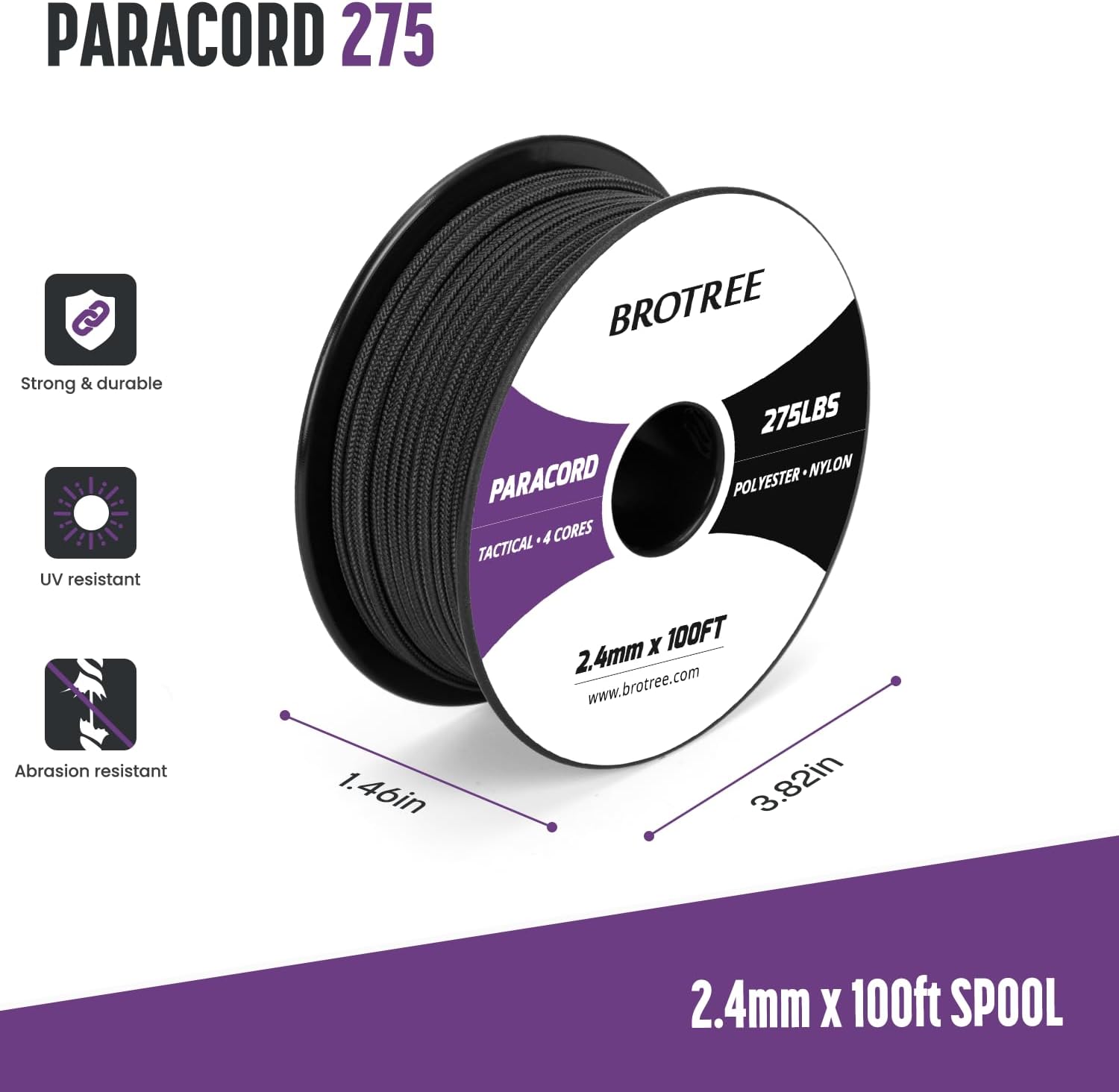 275 Paracord 2.4mm Tactical Cord 100' Nylon Rope 4 Strands Parachute Cord for Outdoor, Craft, DIY