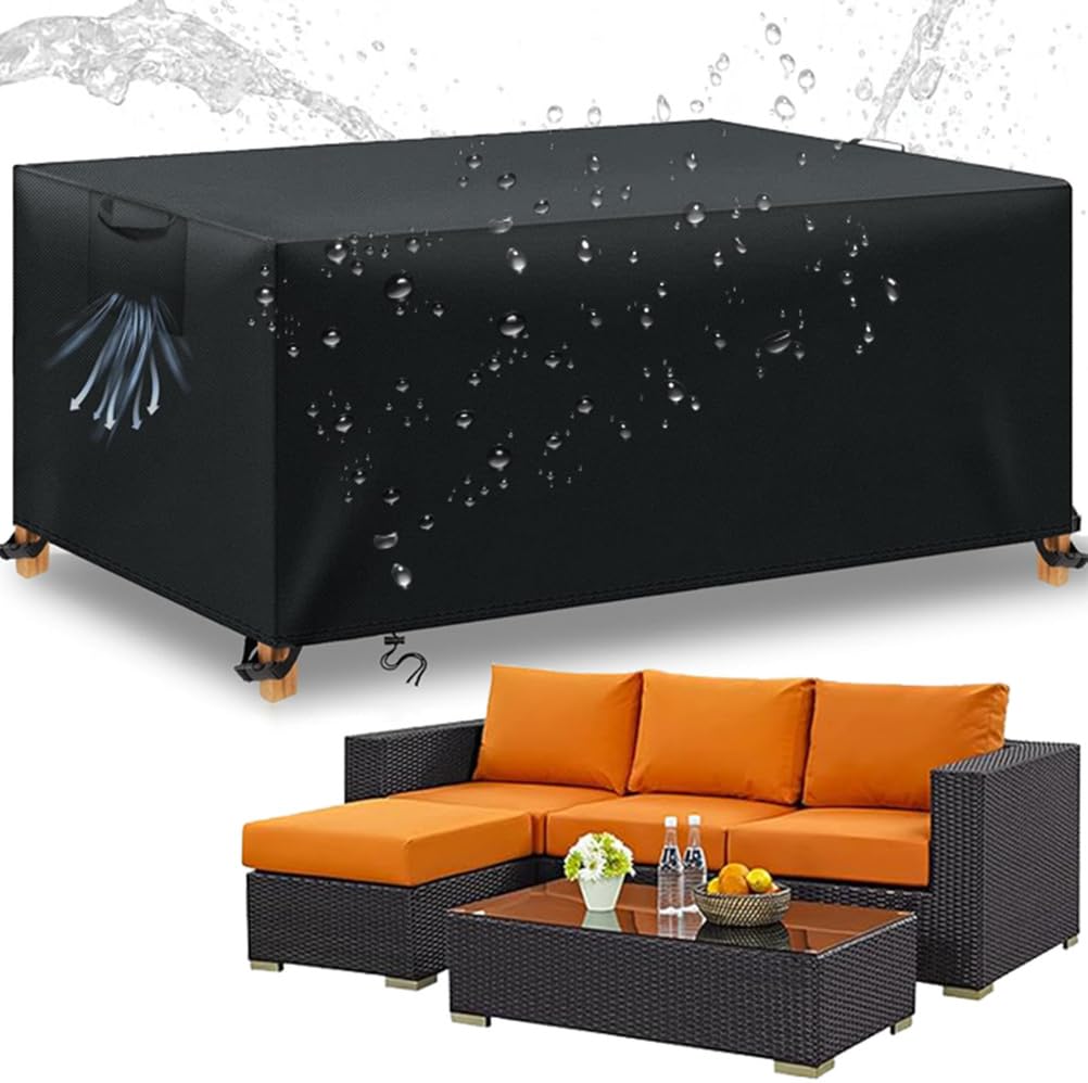 Copertura per tavolo da esterno resistente impermeabile 600D, protezione anti-UV per set da bistrot e mobili da patio, grande copertura nera, 330 x 220 x 70 cm (lunghezza x larghezza x altezza)