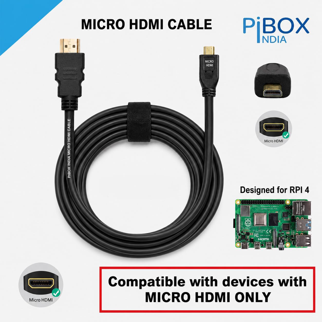 PiBOX India,Micro HDMI to HDMI Cable,4K 60Hz,1.5Mtr 5ft,Adapter Ethernet Audio Return Compatible for Raspberry Pi 4 RPI,Pi 400,GoPro Hero 7,Sony A6000 A6300 Camera,Nikon B500-NOT MINI DP/NOT MICRO USB — Amazon image 3