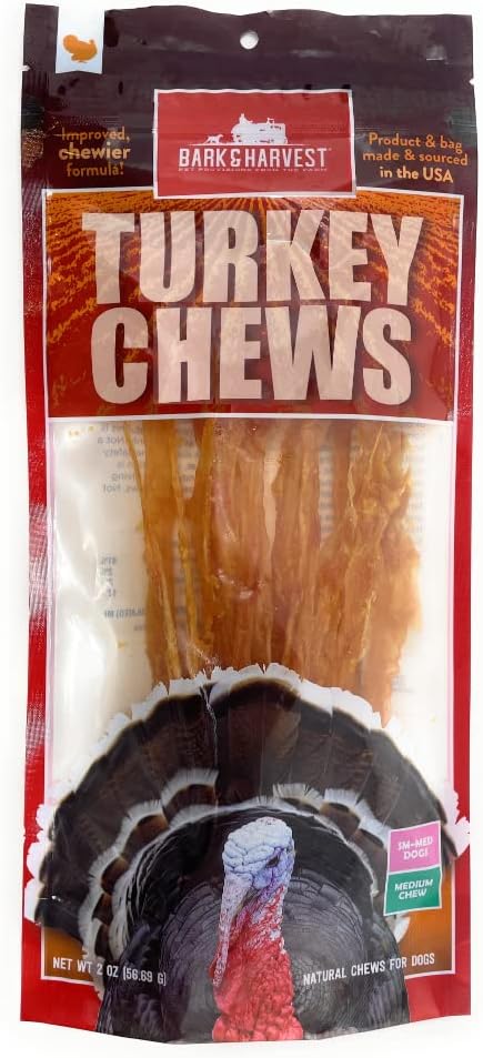 Bark & Harvest Premium Natural Turkey Tendon Strips Dog Chew Treats Made in The USA, 2oz Bags