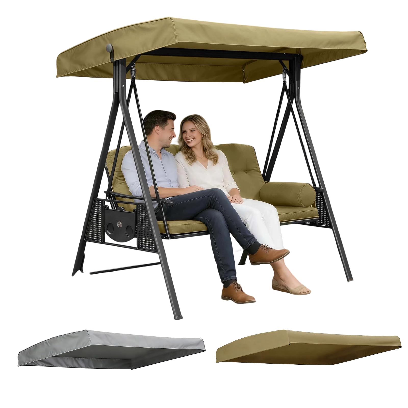 Swing Canopy Cover, 75" x 47" Waterproof Patio Cover Top Replacement Canopy, Swing Set Canopy Replacement, For Swing For Garden Swing Chair Cover (No Swing Frame & Seat Cushions) (Khaki)
