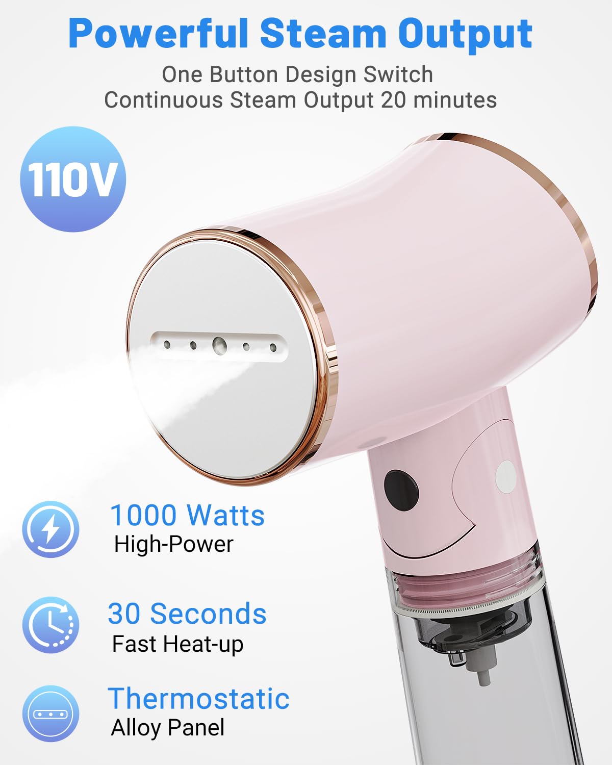 Vaporizador plegable de tamaño de viaje para ropa, vaporizador portátil de ropa con voltaje de 110-120 V, potencia de 1000 W, capacidad del tanque de agua de 6.8 fl oz, cable de alimentación de 8 pies 2