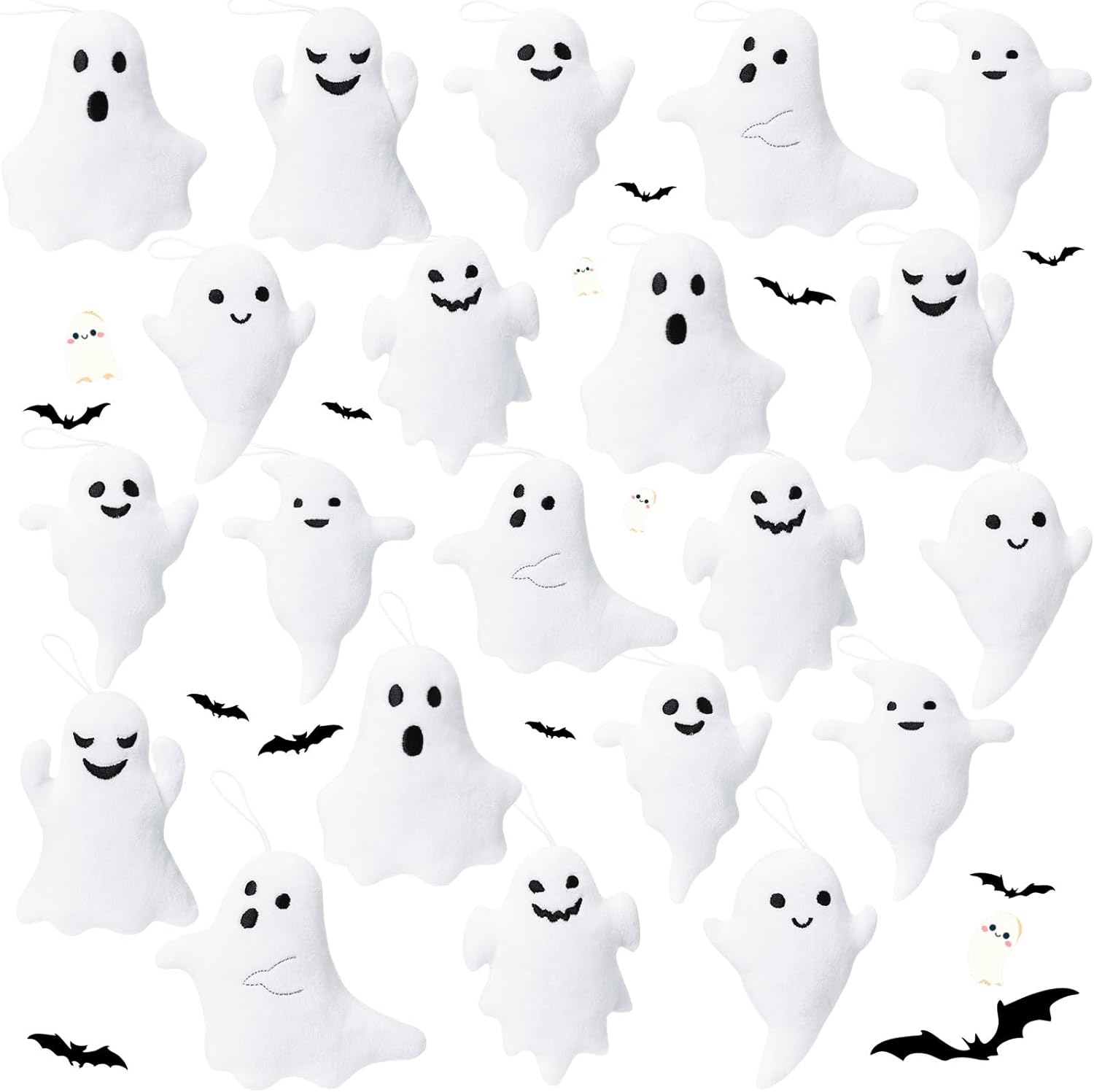 HyDren 21 Pcs Mini Ghost Plush Toys Halloween Ornaments Bulk Stuffed Ghost Hanging Keychains for Xmas Halloween Tree Decorations Trick or Treat Prizes Birthday Party Goodie Bag Stuffers(Classic)
