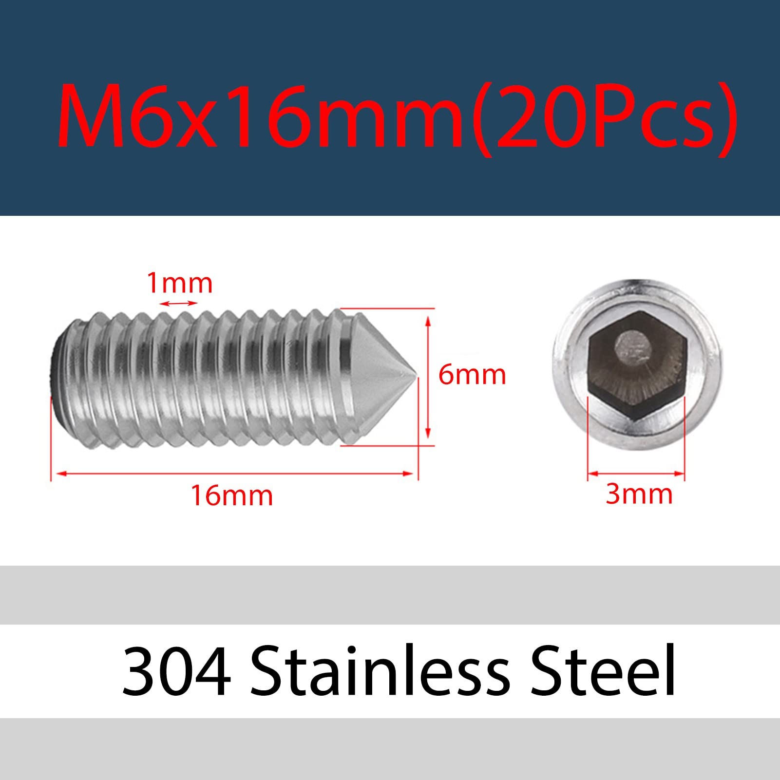 M6 x 16mm 20 Pcs Stożek Punkt Śruby dociskowe Stal nierdzewna 304 Gniazdo sześciokątne Wkręty Szpiczasta końcówka Allen Pokrętło
