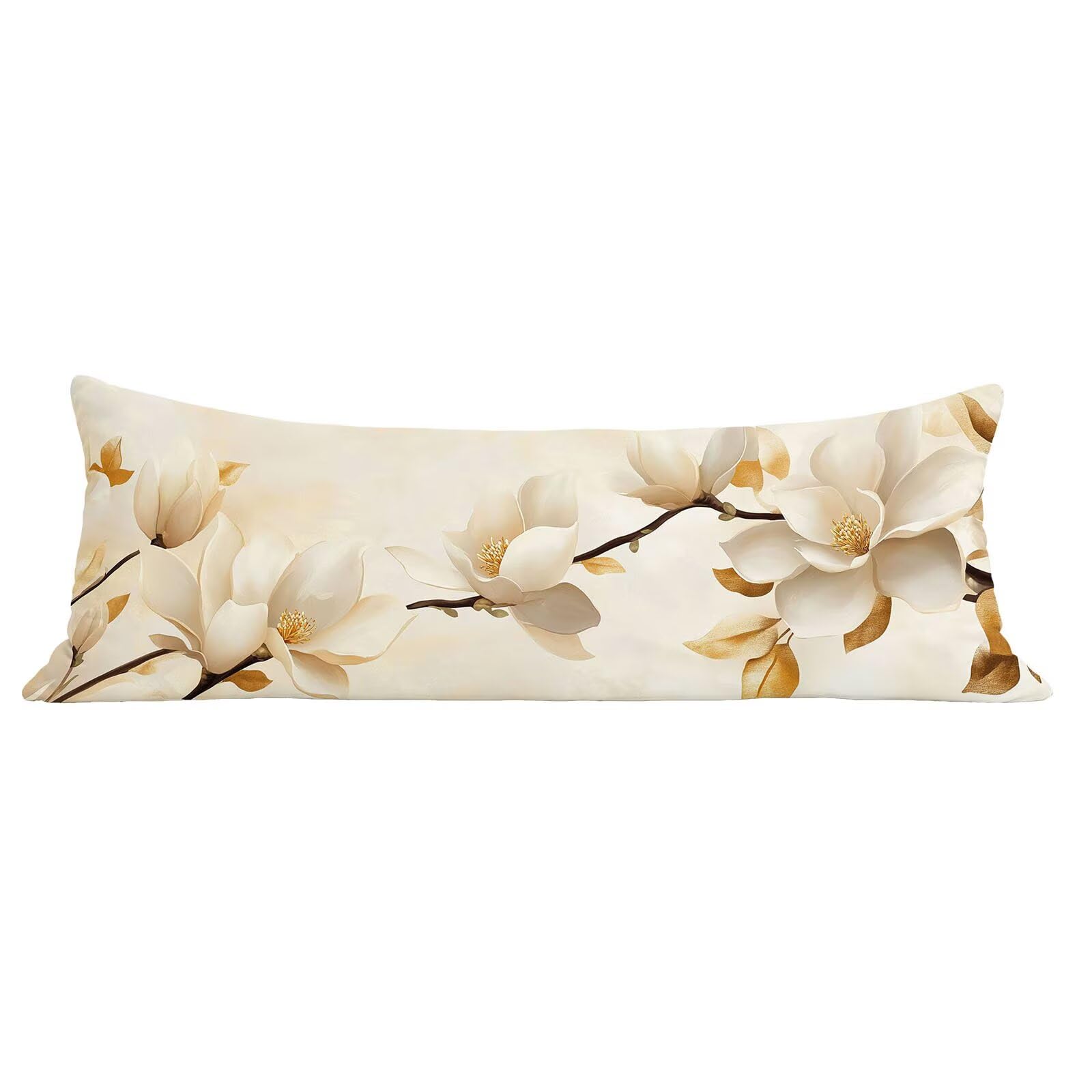 Funda de Almohada 60 x 180 cm Crema Protector Almohada 180 cm con Cremallera Invisible, Lino Durable y Transpirable Pillow Case Largas Flor Impresión a Doble Cara para Cama, Sofá y Dormitorio dg-227