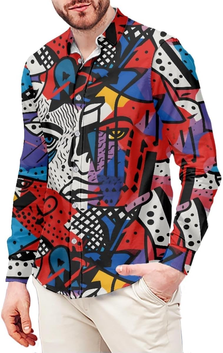 GLUDEAR Mens Casual Paint Art 3D Print Long Sleeve Shirts Buttons Down Regular Fit Beach Shirts