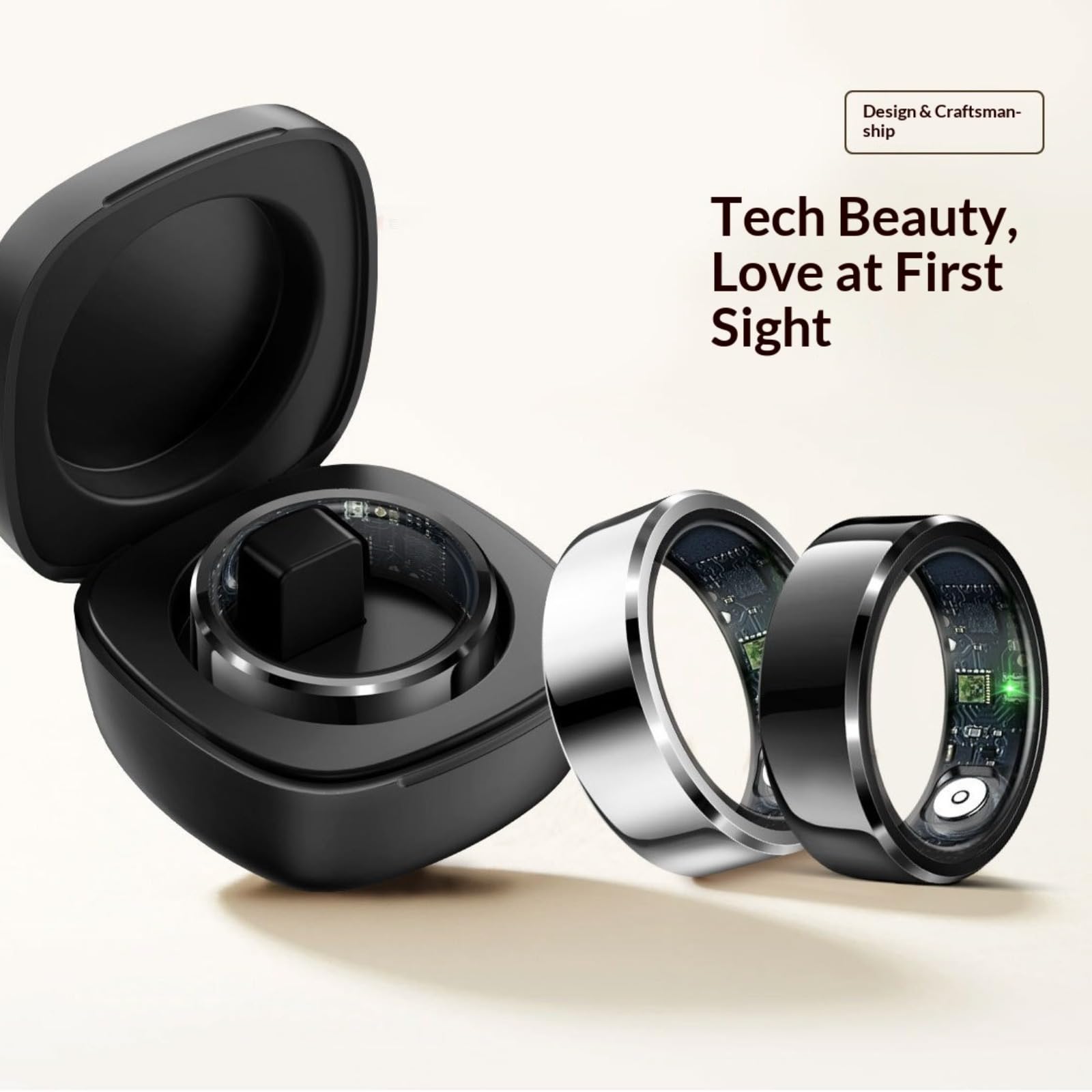 La custodia di ricarica dedicata allo smart ring è impermeabile IP68 e include monitoraggio del sonno, frequenza cardiaca, pressione sanguigna e monitoraggio dell'ossigeno nel sangue, un contapassi e