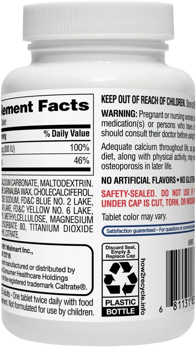 Equate Calcium 600 mg + Vitamin D3 20 mcg (800 IU) Tablets, Dietary Supplement, 120 Count Sticker