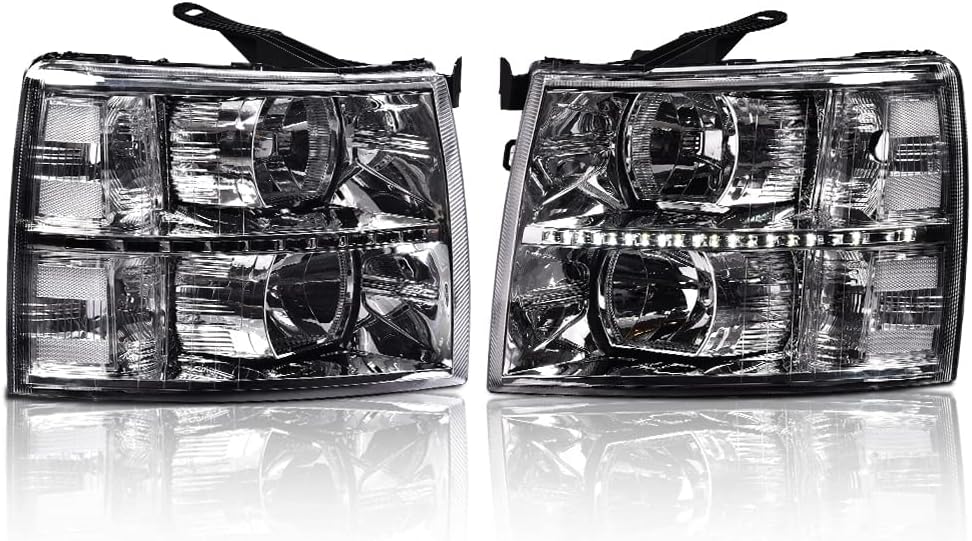 Euro Style Chrome Headlights For 2007-2014 Chevy Silverado 1500 - Clear Lens & Reflector, Halogen, Pair