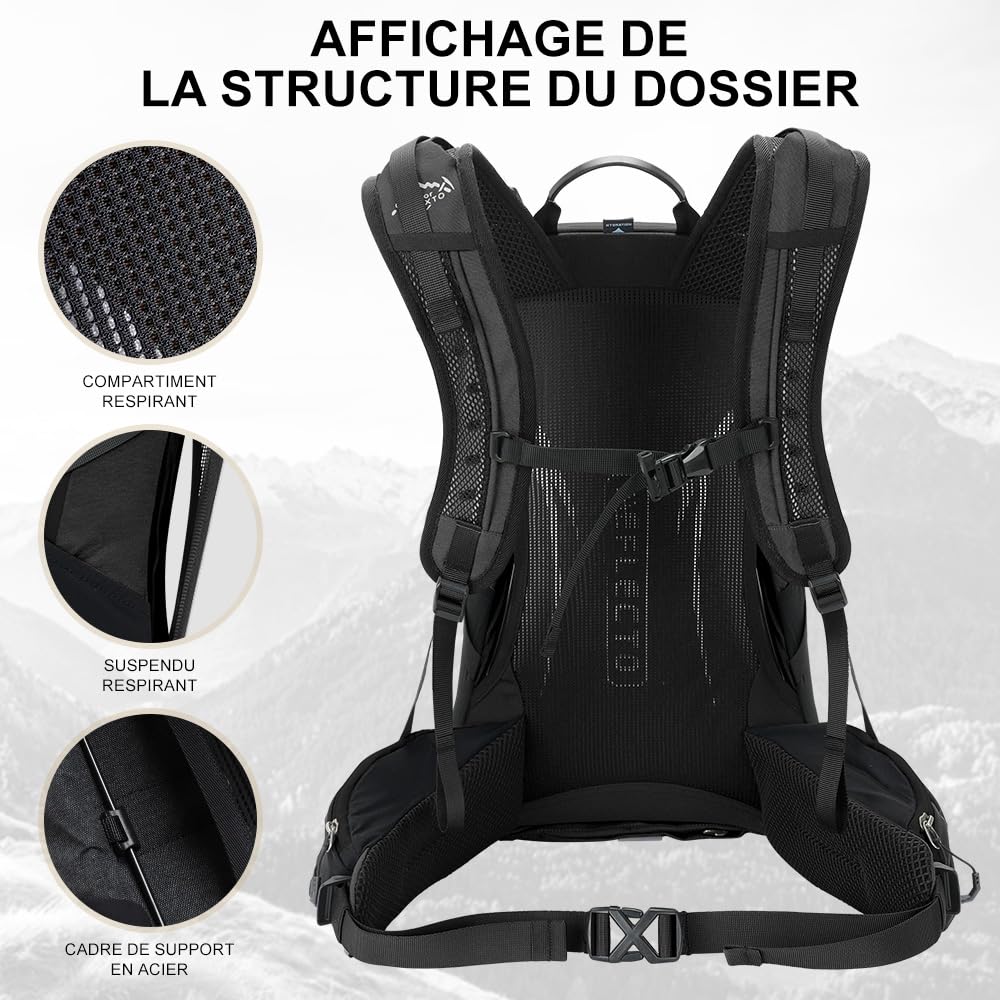 INOXTO Sac à dos de randonnée 25 L avec sac à eau 3 L, sac à dos de randonnée léger avec housse de pluie pour alpinisme, randonnée, camping, sports de plein air pour homme et femme (Noir gris)