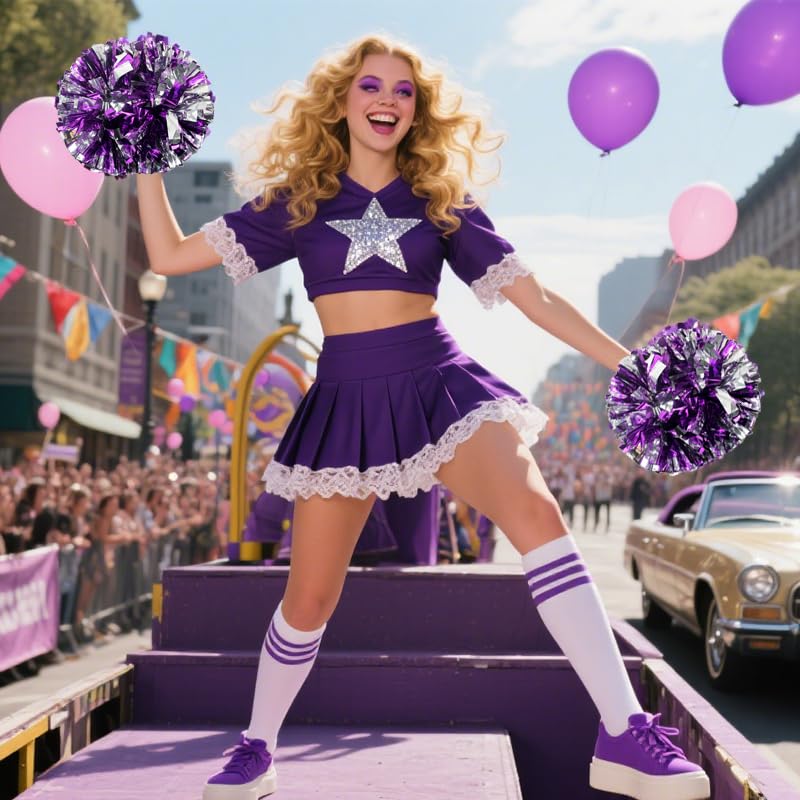 Hooshing 2PCS Cheerleading Pom Poms - Purple & Silver Metallic With Baton Handle For Sports & Dance