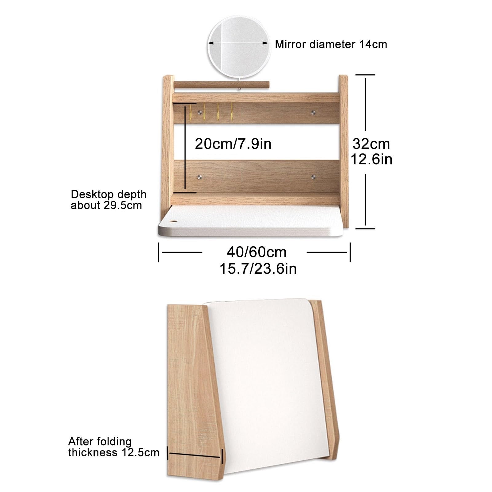 Tavolo da toeletta sospeso a Parete con Specchio, scrivania per Il Trucco salvaspazio per Camera da Letto e Bagno, Piccolo ripiano in Legno (Bianco, 60 cm) - Design Funzionale ed Elegante