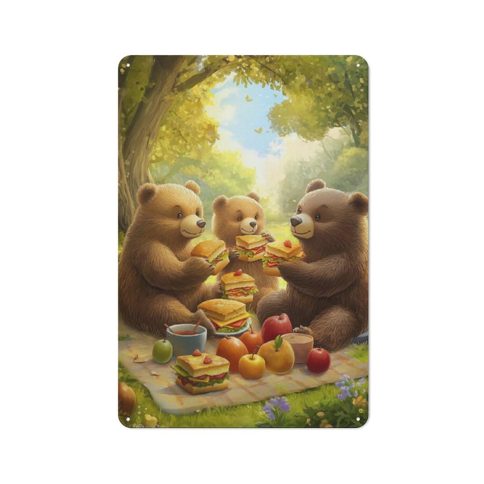 Junmoney Bears Picnic Printed Metal Sign 30X20cm For Café Or Restaurant, For Hospitality Interior Collectors