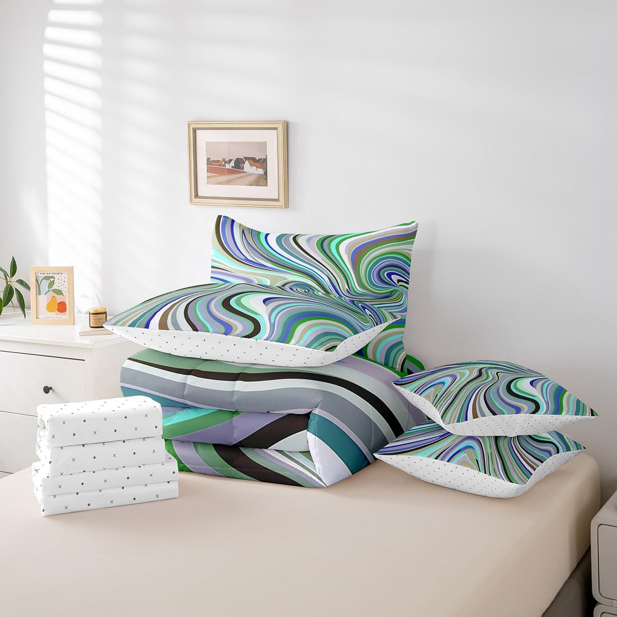 Erosebridal Abstract Bed in A Bag King Size Rainbow Stripe 7 Piece Bedding Set for Kids Boys Girls Fluid Boho Tribal Fantasy Green Black All Season Comforter Set with Sheets