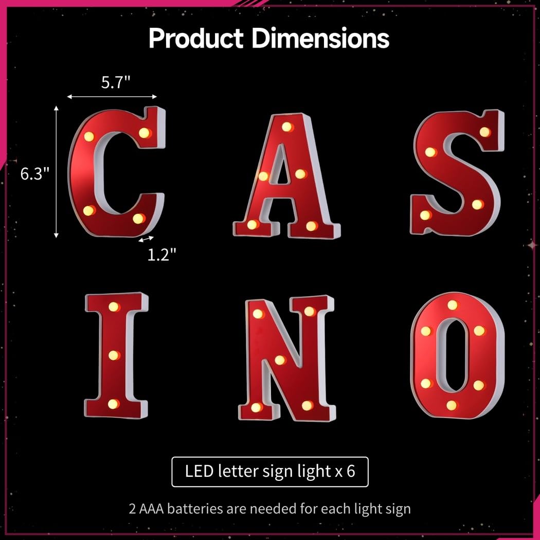 Lot de 6 lettres lumineuses LED CASINO, décorations de fête, enseignes éclairées à piles, lettres alphabet lumineuses, décoration de table pour soirées, événements et célébrations