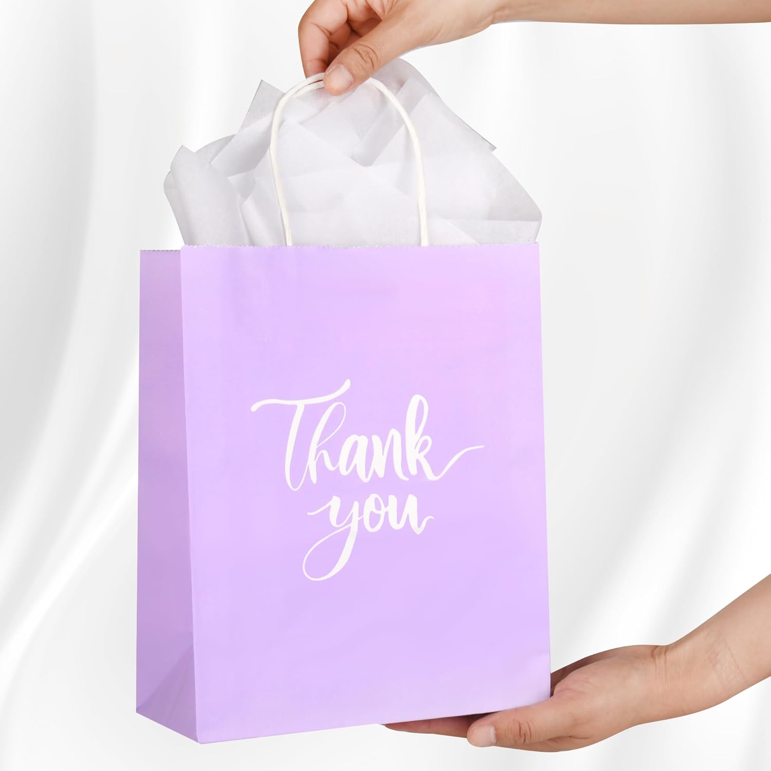 50 Pack Medium Sized Lavender Purple Gift Bags Thank You Paper Bags with Handles 10''x8''x4'' and 50 White Tissue Paper for Business, Wedding Baby Shower Birthday Party Favors, Christmas Gifts - Image 6