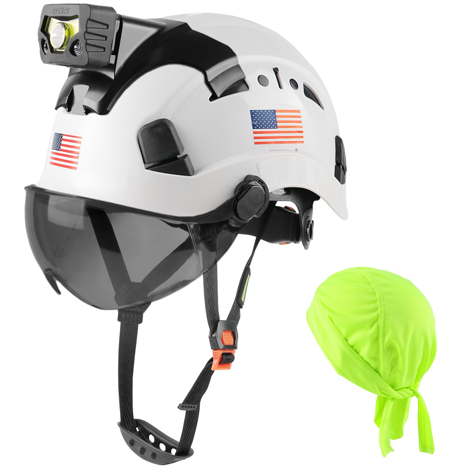 GREEN DEVIL Safety Hard Hat with Rechargeable Headlamp Light and Helmet Liner Chin Strap Men Vented Work Hardhats ANSI Z89.1 Approved Cascos de Construccion Ideal for Industrial Construction Forestry