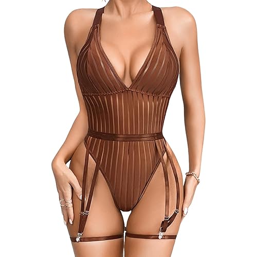 Kaei&Shi Sexy Ribbed Top,Plunge V, Snap Crotch, Leg Strap, Backless 3Pc Bodysuit