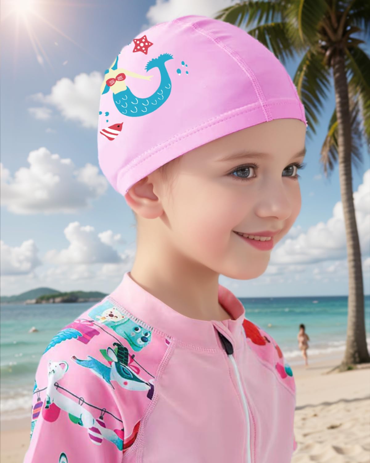 Kids Swimming Cap for Girls 4-9 Years, Swim Hat Boys, PU Material (Pink) - Image 2