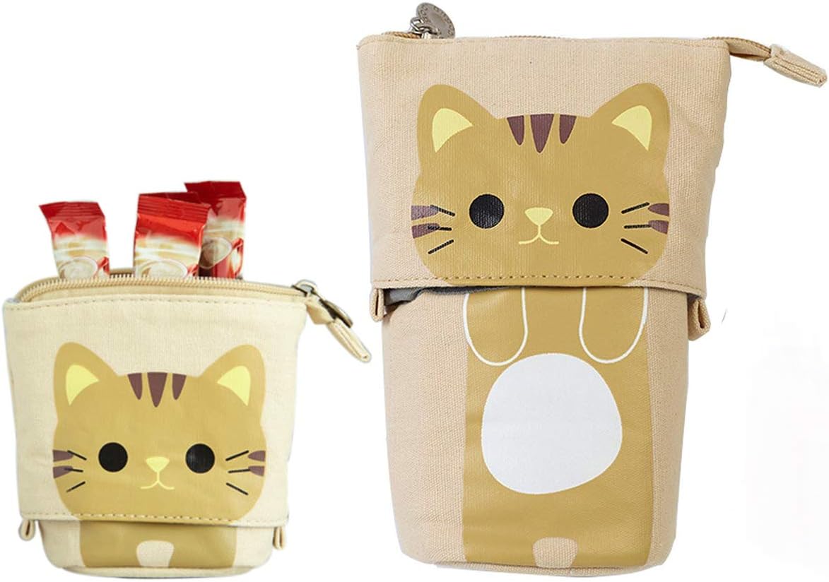 Mankoo Stand Pencil Holder,Telescopic Cartoon Cute Cat Pencil Case Cosmetic Durable Canvas Stationery Makeup Bag Students and Office Supplies