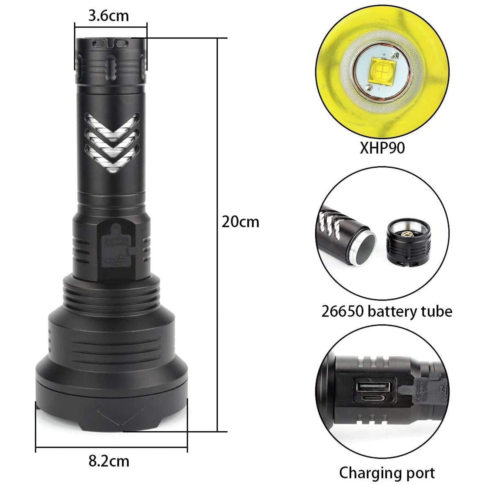Linterna LED De Alta Potencia. Linterna Táctica De 2800 Lúmenes, Militar Recargable De 5 Modos, Reflector para Exteriores con Batería Recargable
