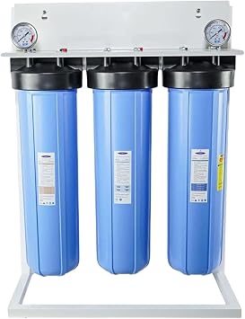 Crystal Quest Tall Compact Whole House Fluoride Water Filtration System, Multi-Stage Filter for Fluoride, BPA-Free, pH-Enhancing, 4-6 GPM Flow, Triple Configuration, Easy Maintenance - with Stand