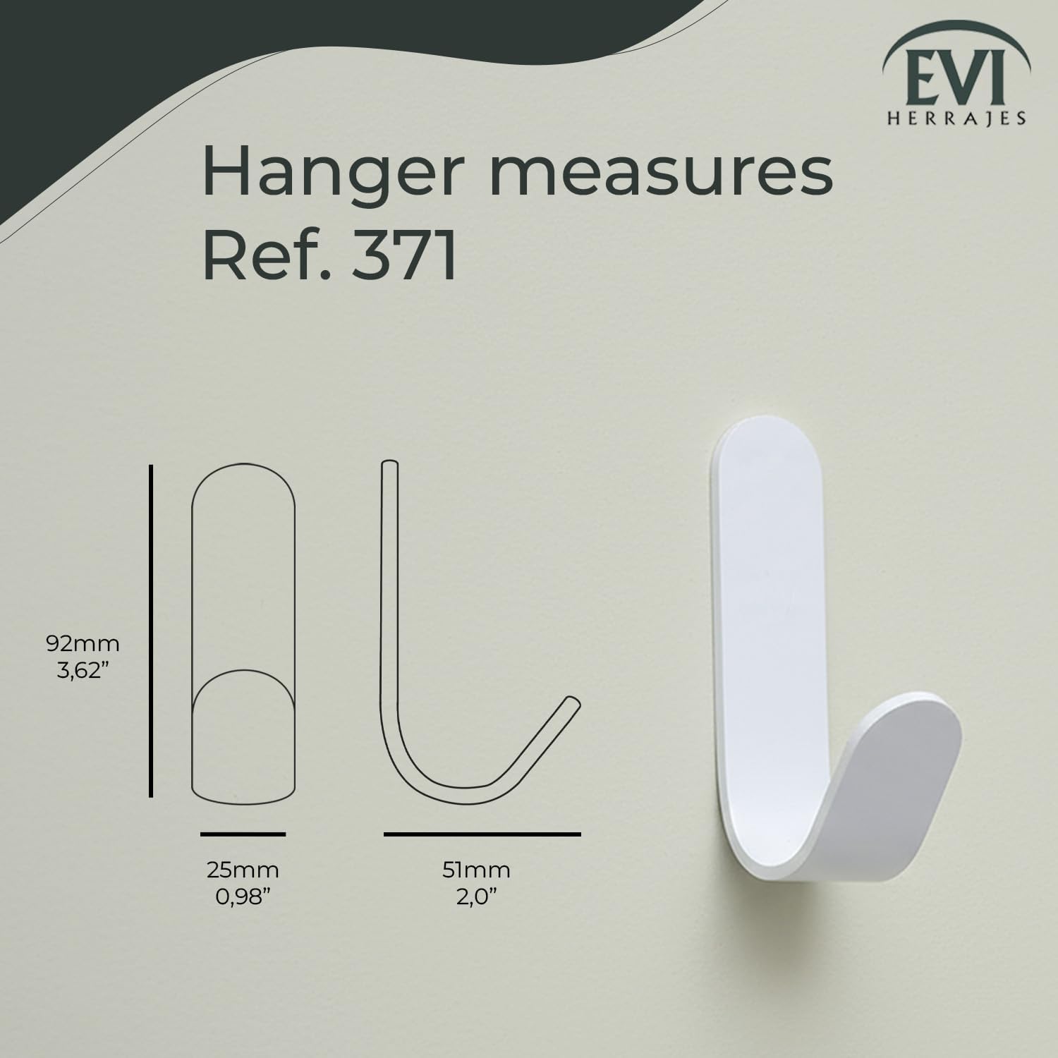 EVI Herrajes | Hook Towel Holder | White Wall Hook | Stainless Steel | Adhesive Mount | for Hanging Clothes, Towels, or Accessories | Mod. 371ADBL image 4