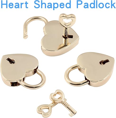 Miniatura 3 de Piutouyar 3 cerraduras en forma de corazón, candado de metal dorado, pequeño y lindo mini cerradura con llave para caja de almacenamiento de joyas y