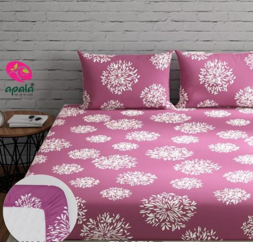 Geeta Homes Glace Cotton Fitted 1 Bedsheet King Size (72"x78") | All Around Elastic | Cotton Feel | 2 Pillow Covers (17"x27") | Fits Up to 8" Mattress | 220 TC | Printed Double Bed Sheet B2565