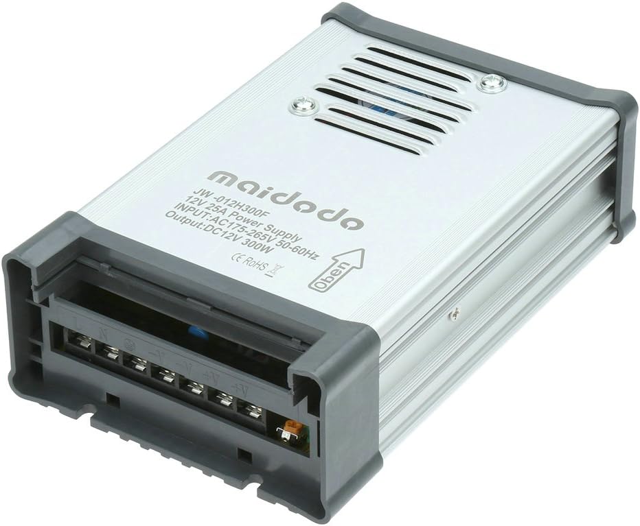 Maidodo AC 175-265V to DC 12V 25A 300W IP53 Outdoor Transformer Power SupplyDriver for Waterproof LED Stripe [Energy Class A+]
