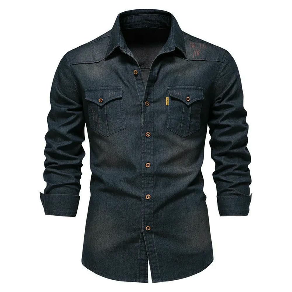 ZBDP Camicia in denim di cotone elastico da uomo a maniche lunghe in tinta unita camicie da uomo casual slim fit abbigliamento da uomo