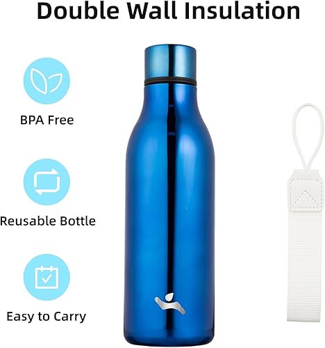 Miniatura 3 de Konokyo Botella de agua aislada con correa, botellas de acero inoxidable de doble pared de 18 onzas, botella de agua de metal, azul brillante