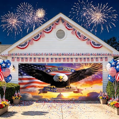 OERJU America 250th Anniversary Garage Door Cover 250 Years of Freedom Garage Door Banner Bald Eagle American Flag USA 4th of July Independence Day Patriotic Decorations Hanging Backdrop 6x13ft