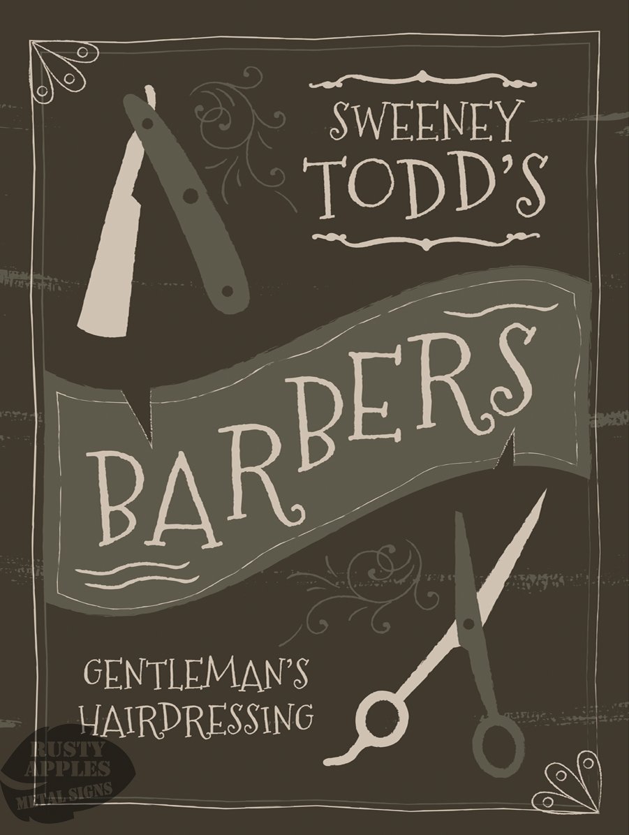 The Rusty Apples Metal Sign Co Earth Tones Sweeney Todd's Barbers Victorian Vintage Style Metal Sign (8” X 6” 200 X 150 Mm)