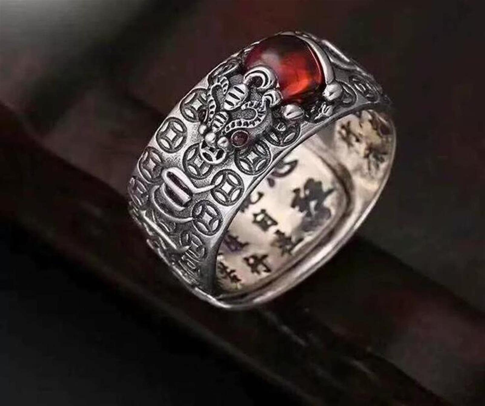 Chiński Pierścień Szczęścia Feng Shui ， Pierścień Feng Shui Pixiu Mantra 99 Srebrny Buddyjski Amulet Szczęścia Mantra Podwójna Ochrona Bogactwo Miłość Zdrowie Pierścień Prezent dla Mężczyzn Kobiet