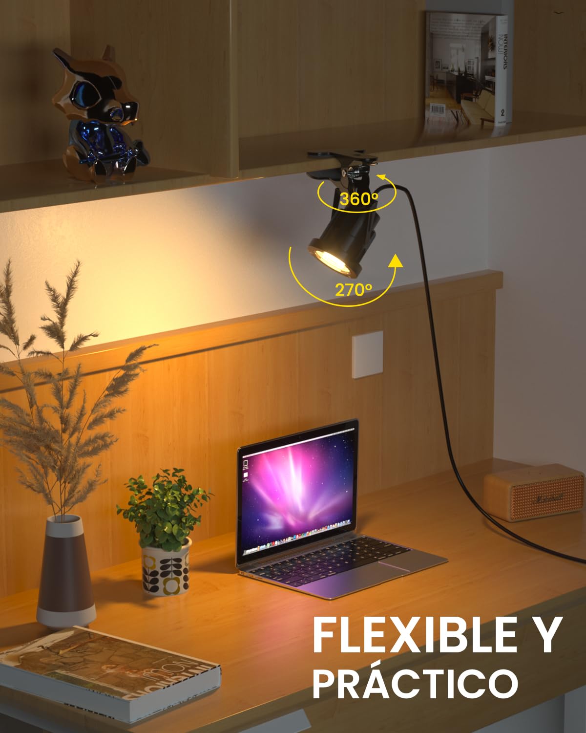 6W RGB LED Foco de Pinza con Mando a Distancia, 15 Luz RGB + Luz Cálida 3000K, IP65 Resistente al Agua para Uso en Interiores y Exteriores, Lámpara de Pinza con Cable 1,78m y Enchufe