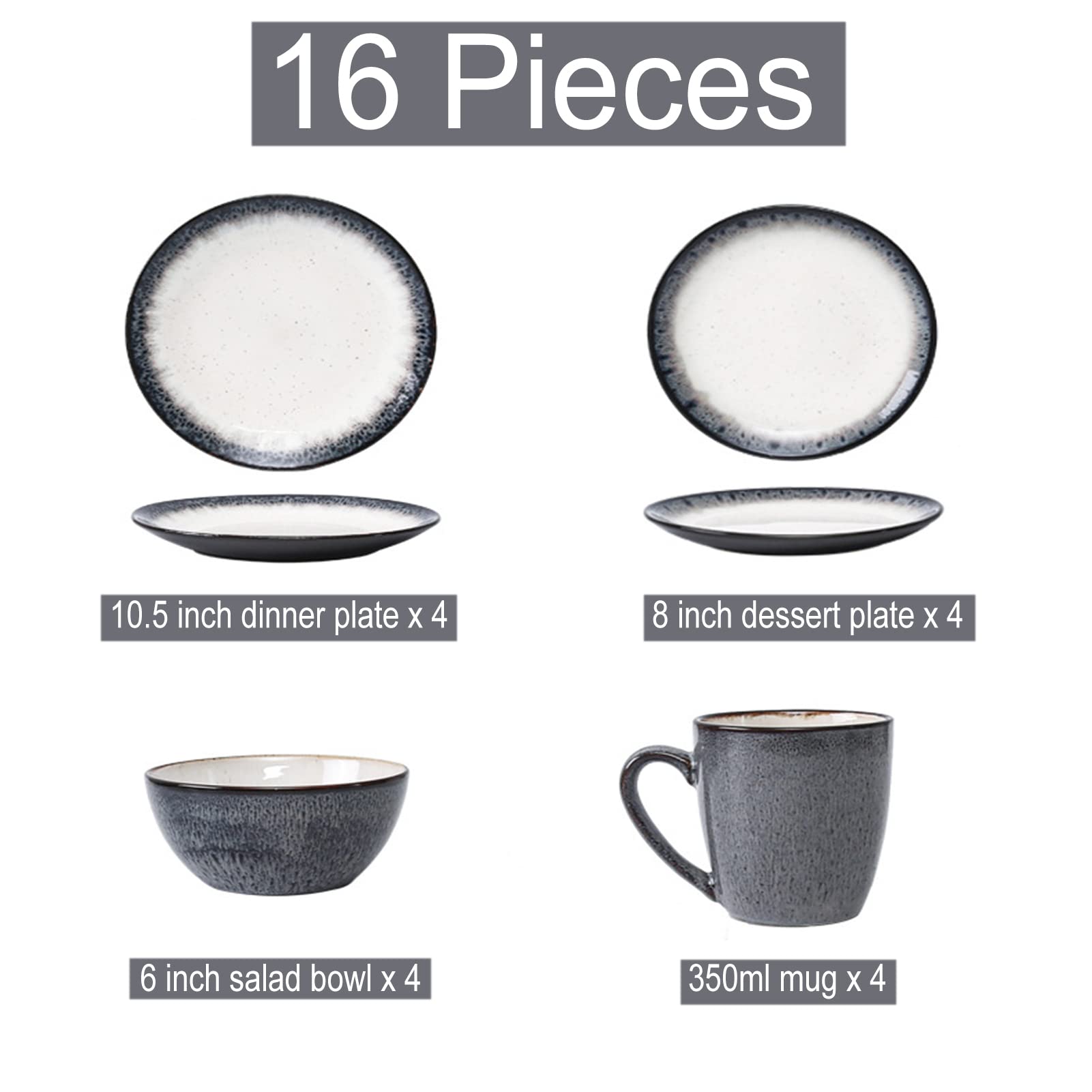 Porcelanowy zestaw naczyń dla 4 osób, 16-częściowy serwis obiadowy, serwis obiadowy, talerze deserowe, miski do sałatek i kubki, nadaje się do kuchenki mikrofalowej i mycia w zmywarce