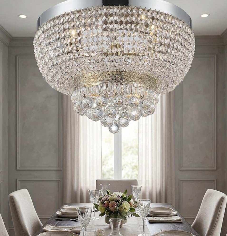Image of Sanleen Crystal LED Double Height Chandelier /Jhoomar for Living Room and Home Decor(Golden, 24inch Width and Height 28.inch)