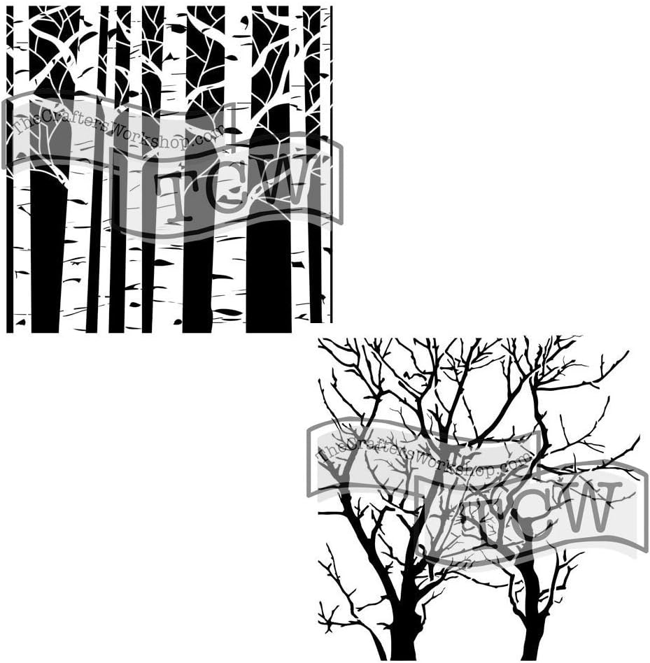 The Crafters Workshop Reusable Stencils for Crafts, Art, Journaling, Scrapbooking, Card Making, Airbrushing, Painting or Mixed Media, 2 Pk, 6" x 6", Aspen Trees/Reversed Branches