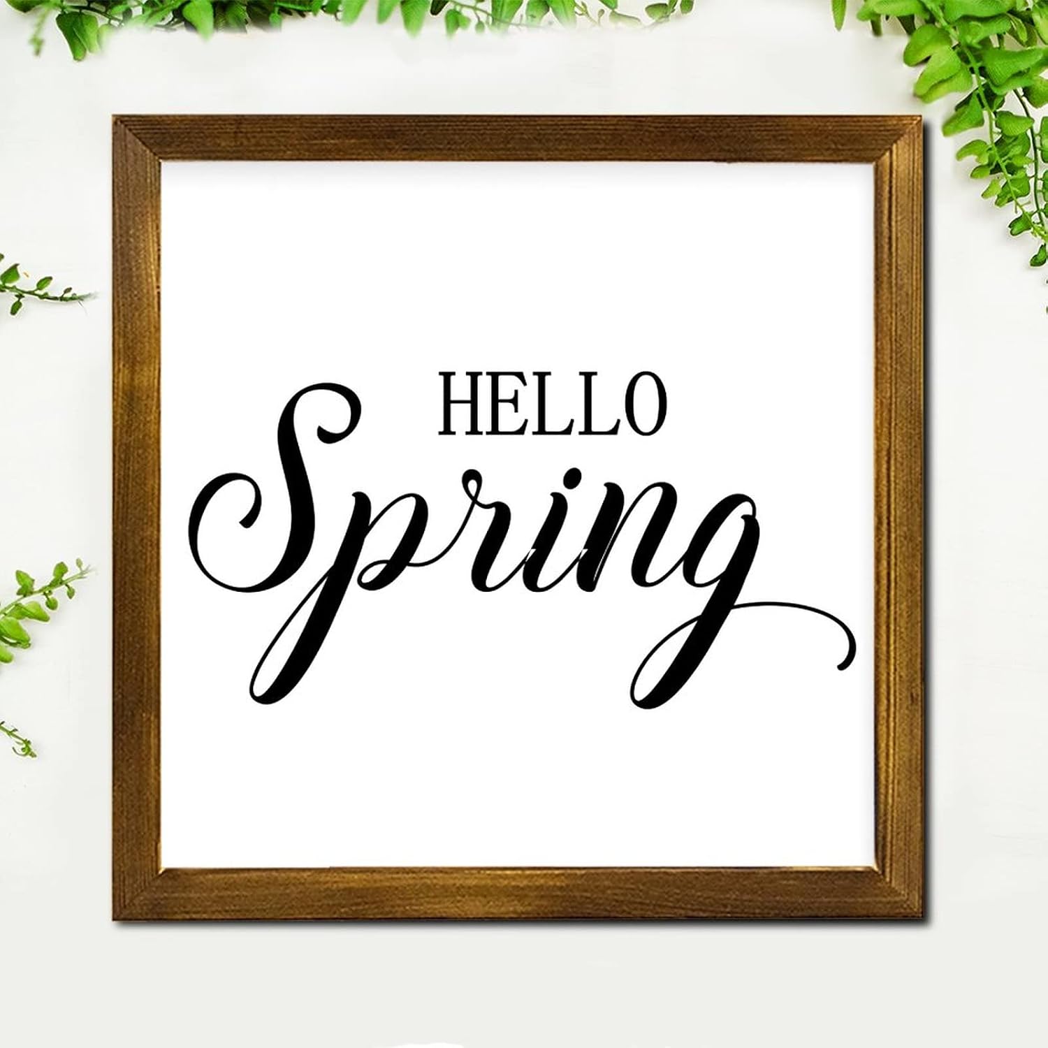 Hello Spring Framed Wooden Signs Quote Saying Hanging Wall Art Rustic Wall Art Hanging Farmhouse Decoration Plaque for Bedroom Living Room Home Kitchen Housewarming Gift 12x12 Inch
