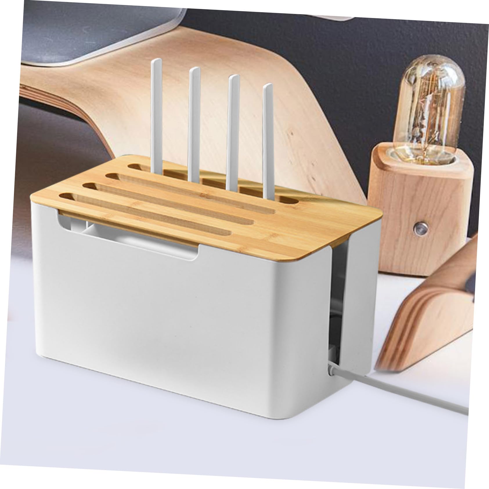 jojofuny Caja De Gestión De Cables De Alimentación Organizador De Cables Eléctricos para Ocultar Enchufes con Tapa De Bambú para Escritorio y Espacios Interiores