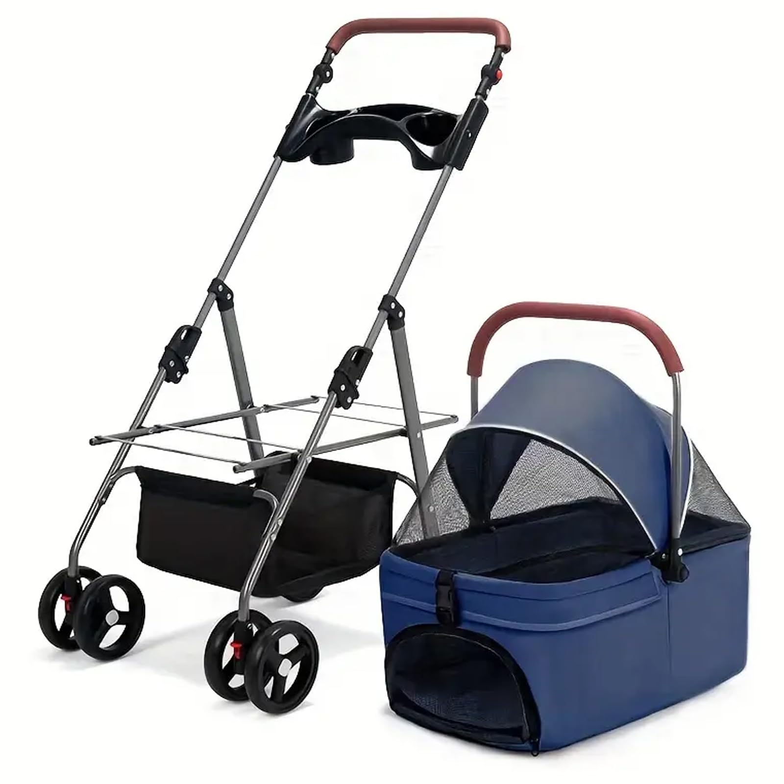 PJDDP 3-In-1 Multifunction Pet Stroller, Cat Dog Stroller,4-Wheel Dog Portable Stroller,Adjustable Handle Height Dog Stroller with Detachable Carrier,Cup Holder And Storage Basket,Blue