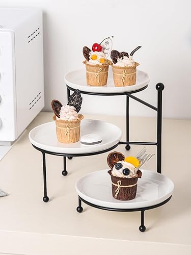 Miniatura 7 de Kanwone Soporte para servir de 3 niveles con platos de porcelana blanca, soporte de bandeja escalonada, juego de exhibición de mesa de postre,