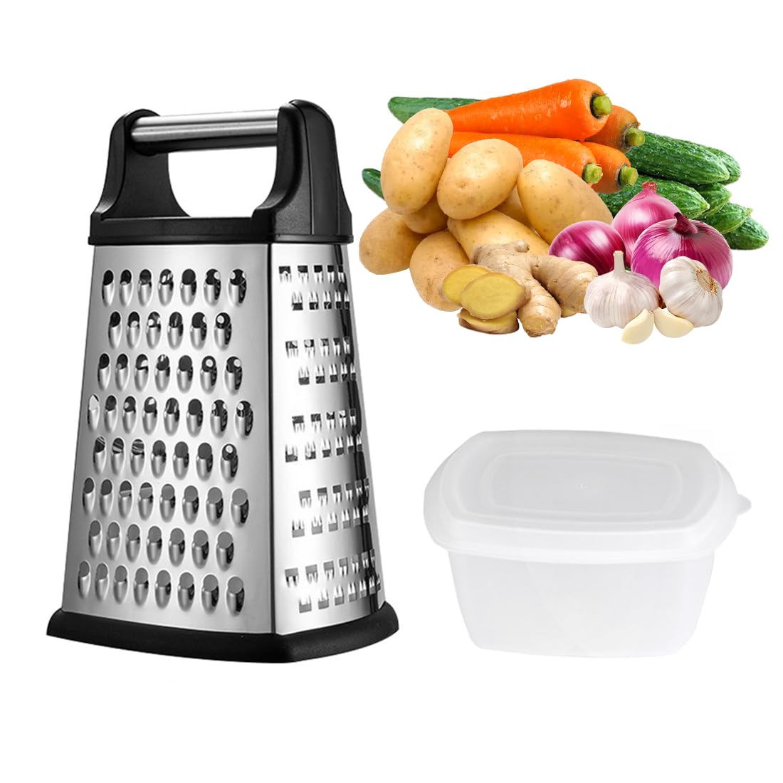 4-Sided Cheese Grater with Container, Kitchen Functions for Coarse, Medium, Fine, Micro-Grating, Slicing, Hand Held for Fruit Vegetables CheeseSlicer Food Shredder Includes Detachable Fitted Tub