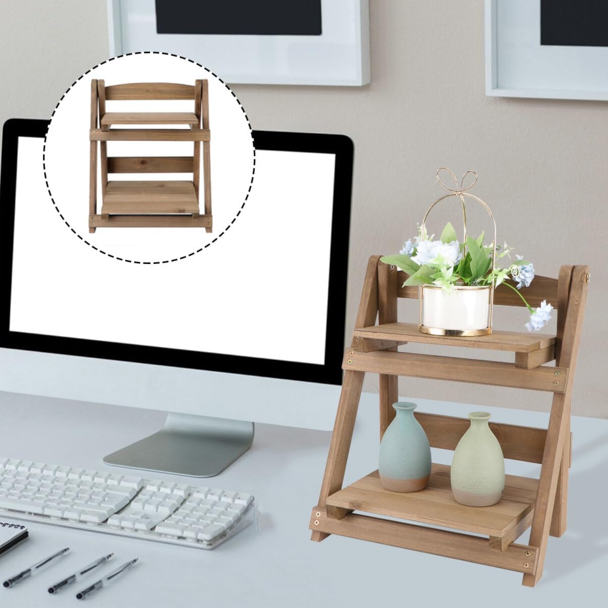 Cabilock Retro Wooden Pot Rack Multi-Layer Shelf Bookshelf Folding Plant Stand Home Office Decor