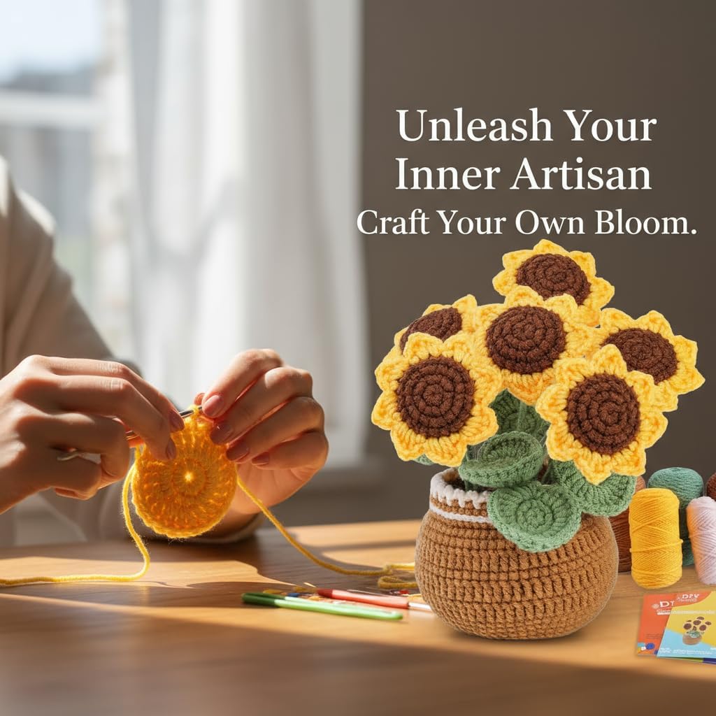 ADDZRZR Easy Crochet Sunflower Kit for Beginners Adults,Includes 8 Yarns,7 Crochet Hooks & More, Beginner Crochet and Knitting Kits for Adults & Teens