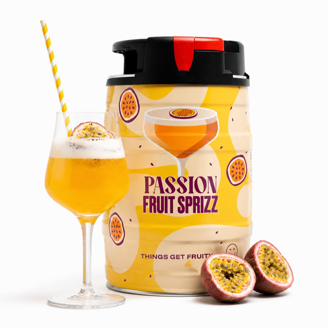Cocktail Fass - Passion Fruit Spritz 5L – Inspiriert vom Pornstar Martini – Partyfass mit Alkohol zum Selberzapfen – Bis zu 20 Cocktails