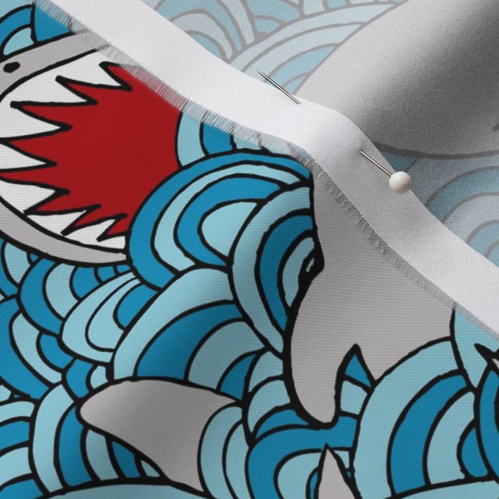 Spoonflower Fabric - Shark Sharks Japan Waves Fish Wave Nursery Decor Beach Printed on Organic Cotton Sateen Fabric by The Yard - Sewing Quilting Apparel Home Decor