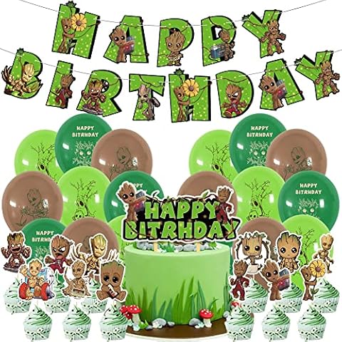 Hilloly Groot Birthday Party Supplies, 32 Pcs Birthday Decorations Set include Cake Topper, Cupcake Toppers, Banner, Balloons, Guardians of The Galaxy I Am Groot Birthday Theme Birthday Party Cover